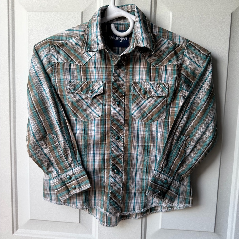 Wrangler Boys Small Western Snap Shirt Plaid Brown Teal Cowboy Rodeo